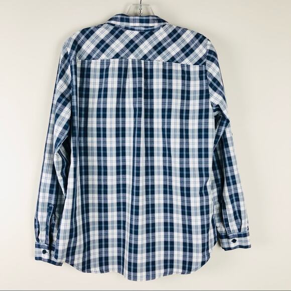Eddie Bauer blue white plaid button front rip stop hiking camping shirt large - Picture 8 of 8